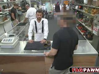 Flirty gay blows a pecker in public pawn shop